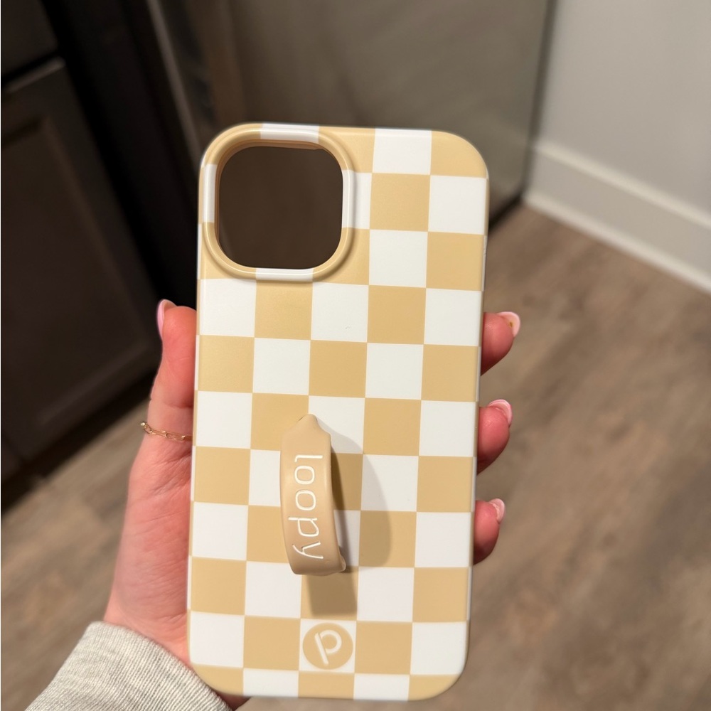 Loopy Iphone 15 Case Beige and White Checkered Phone Case